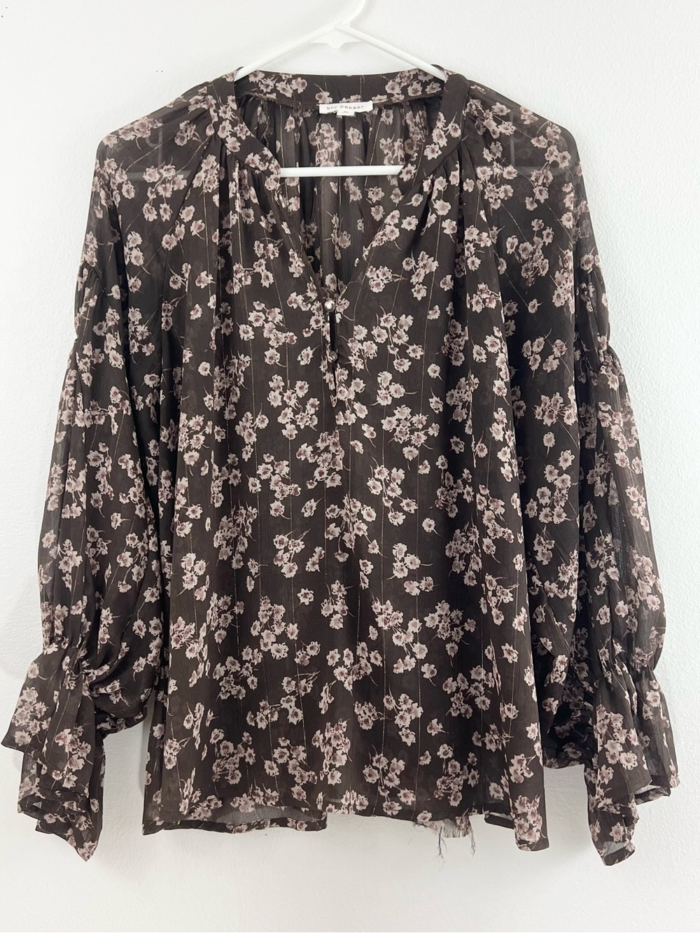Blu Pepper Brown Sheer Floral Peasant Blouse Boho Balloon Sleeve Top Whimsigoth